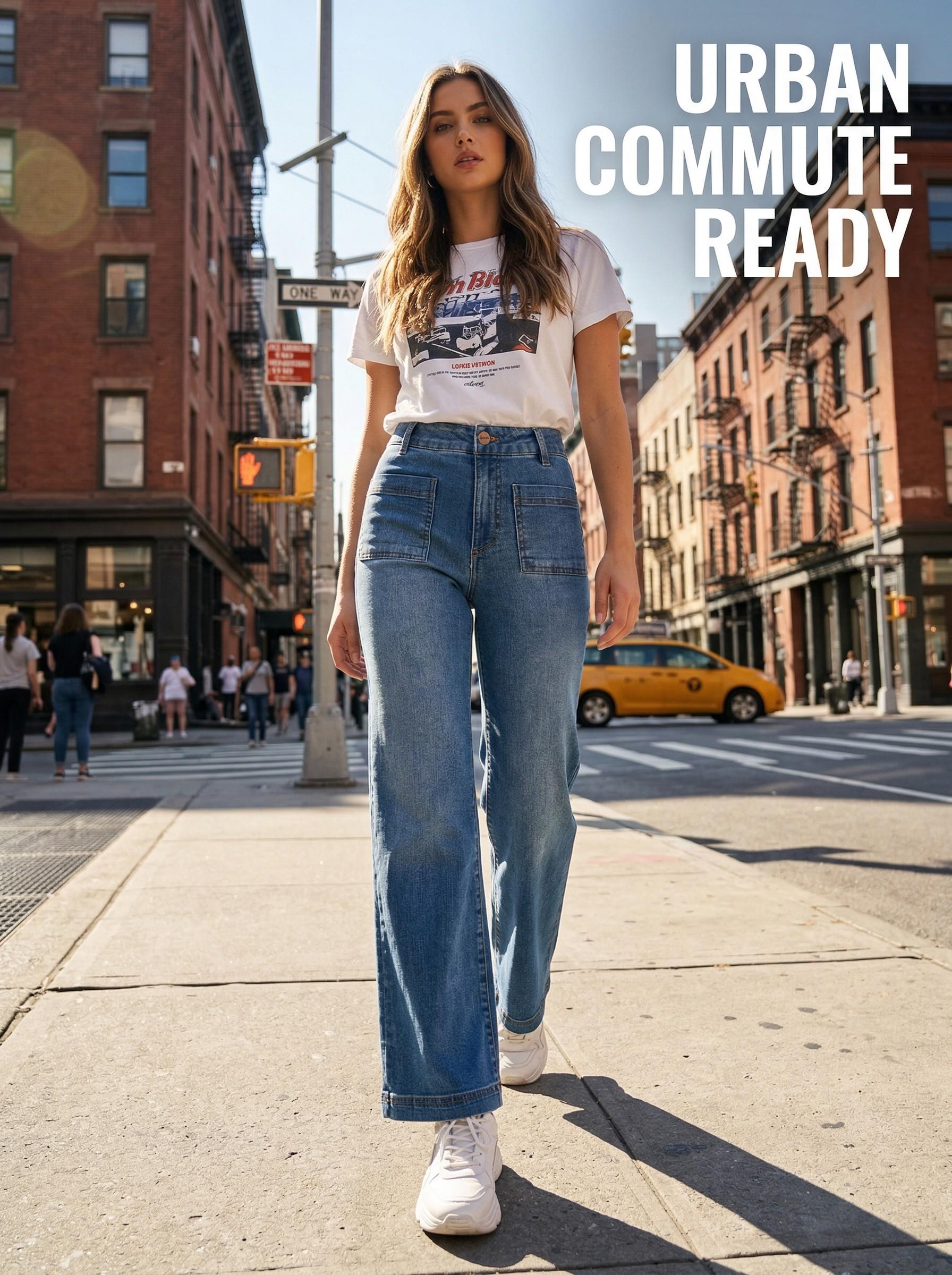 ALVON Women's Stretch Denim Pants Recycled High Waist Wide Leg Jeans Classic Streetwear Comfort Baggy Trouser Maxi Pocket Fitted