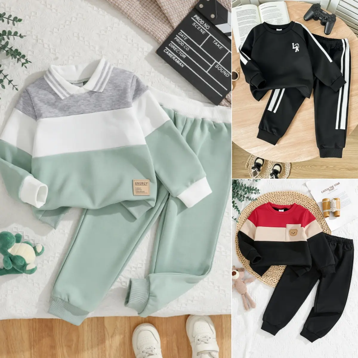 Kids Colorblock Tracksuit Set Long Sleeve Hoodie & Sweatpants Casual Fall Outfit for Boys Girls