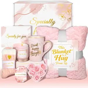 Birthday Gifts for Women, Self Care Get Well Gifts Basket with Luxury Flannel Blanket, Rose Relaxing Spa Set, Unique Valentines Day Mother's Day Gifts for
