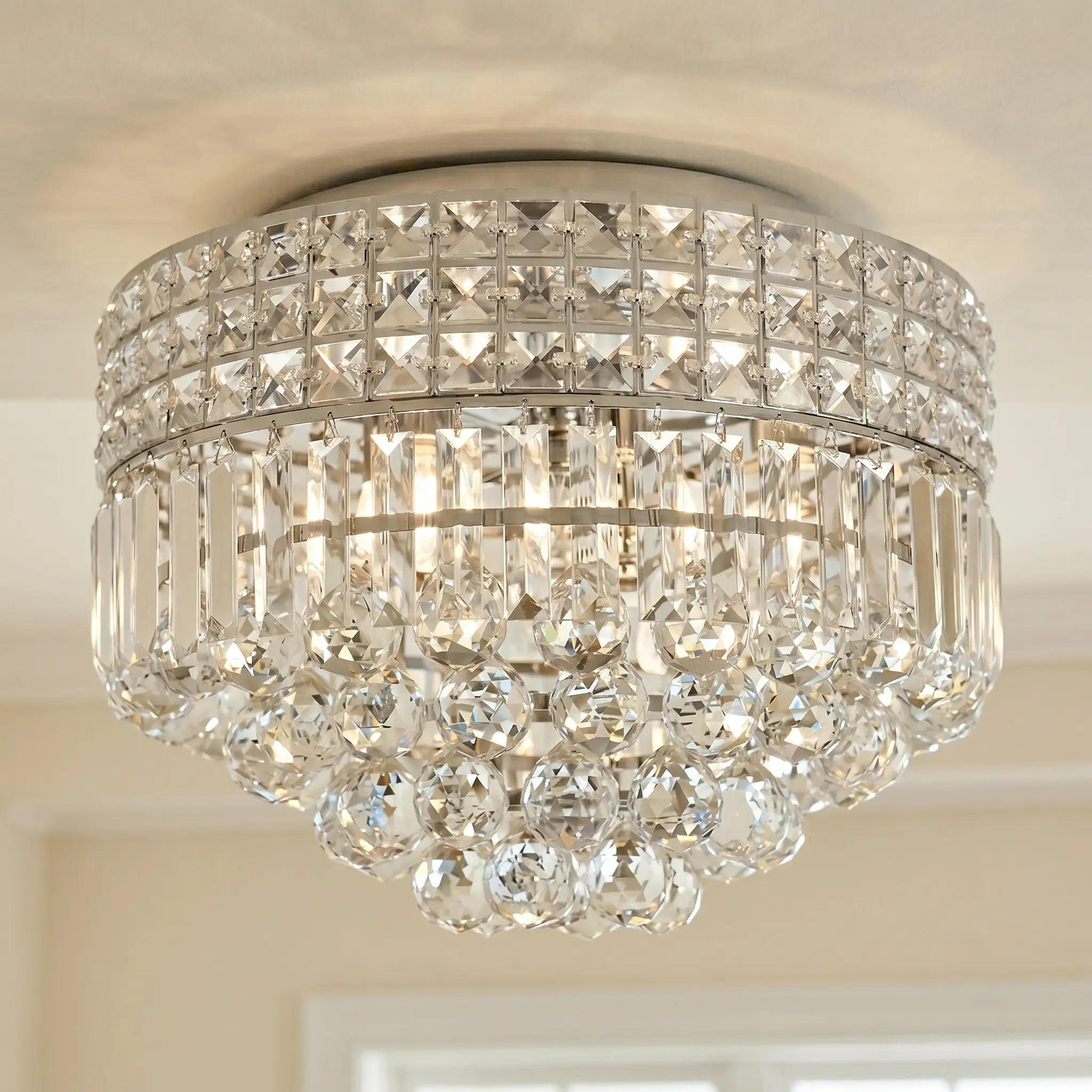 Modern Chrome Flush Mount Ceiling Light, 3-Tier K9 Crystal Round Chandelier, 16.5 Inch 5-Light E14 Base, 3000K-6000K Light Fixture for Living Room Bedroom Hallway Entryway Foyer Kitchen Island, Bulbs Not Included