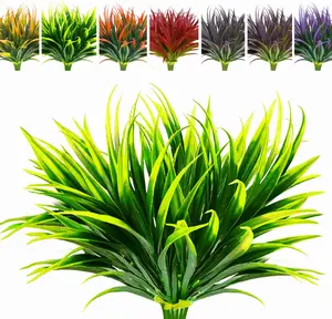 6Pcs Artificial Grass Fake Plants 17.3in 16 Leaves Outdoor Fake Grass UV Resistant Greenery Plastic Plants for Home Window Garden Office Patio Hanging Planter Pathway Front Porch Décor