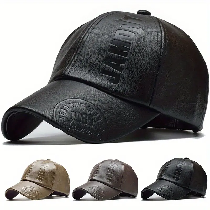 Men 1985 Letter Print Pu Leather Baseball Cap Retro Curved Brim Sun Hat Outdoor Sport Adjustable Sunscreen Leisure Hat Spring Autumn Travel Tourism Beach Vacation
