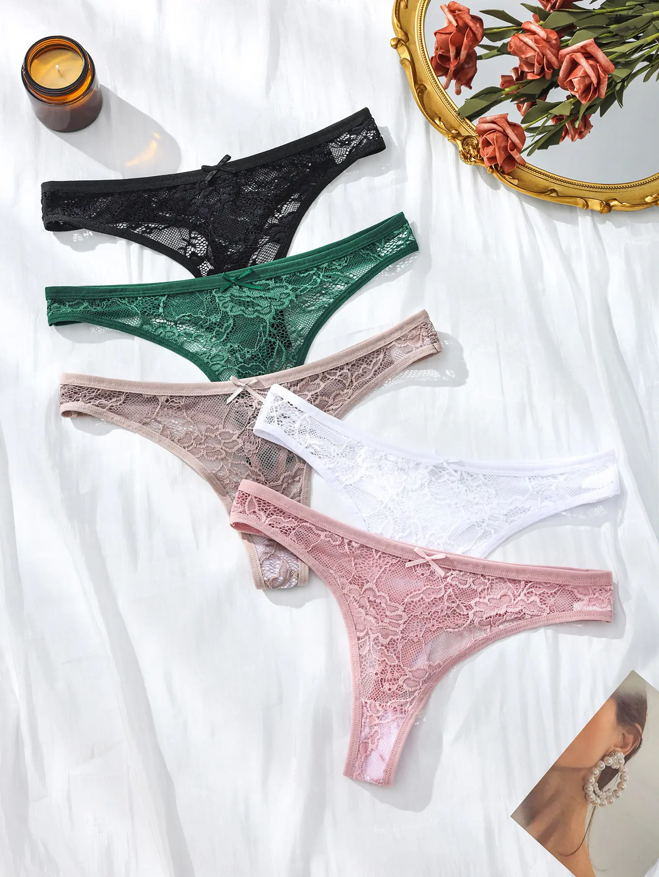 Hotcom Women's 4-5 Piece Low Waist Bow Front Contrast Lace Seamless Panty Set - Breathable Lady Underwear, Stylish All-Season Daily Wear Seamless Panties Set summerwins sohochic