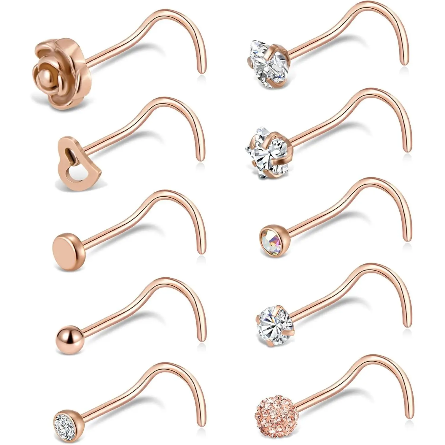 20G 10 count Stainless Steel Nose Screw Studs Rings CZ Nose Ring Labret Nose Piercing  for Men Women  Rose  Tone