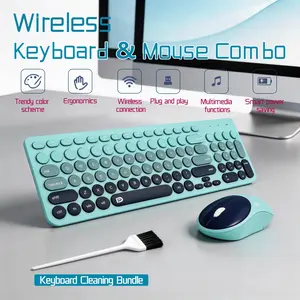 Blue Gradient Wireless Keyboard and Mouse Combo Retro Typewriter Style Round Keycap Silent Keyboard for Office Work Study Gaming Laptop Desktop Aesthetic Desk Setup