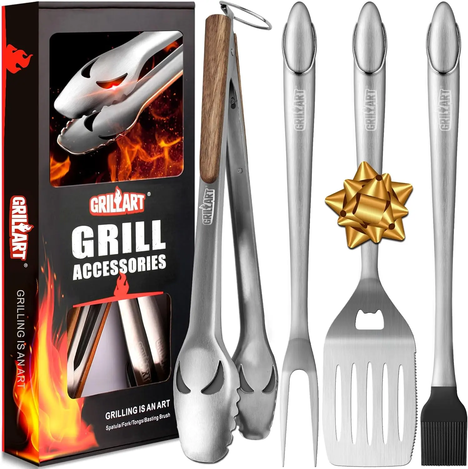 GRILLART BBQ Tools Grill Tools Set - 18 Inch Grilling Tools BBQ Set - Grill Accessories w/BBQ Tongs, Spatula, Fork, Brush - Stainless Grill Kit Grilling Set - Gift Ideas BBQ Accessories, Gifts for Men