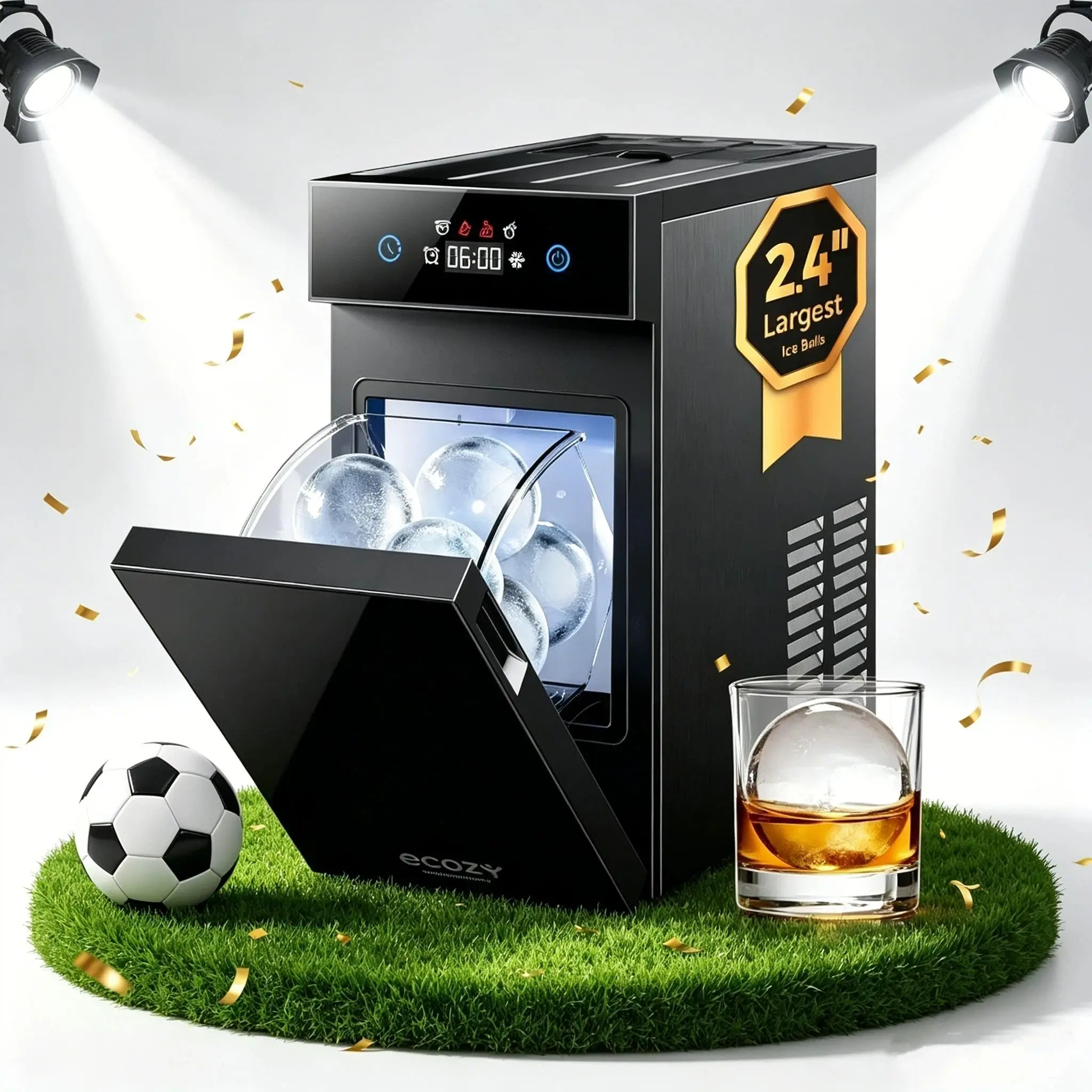 ecozy 2.4" Clear Ice Ball Maker Countertop, Minimal Footprint Sphere Ice Maker with CrystalFlux Technology, 8H Timer, 1 pc in 40 Mins, 32 pcs/Day, Self-Cleaning Circle Ice Machine for Home Bar Whiskey, Bourbon