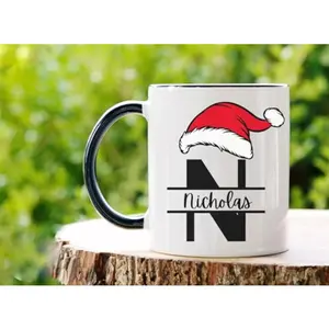 Personalized [SEND CUSTOM VIA MESSENGER] Name & Initial Letter Monogram Hat Santa Alphabet Mug Customizable Coffee Mug With Initial, Secret Santa Gift Customized Name Mug Gifts For Women & Men Funny Christmas Gifts