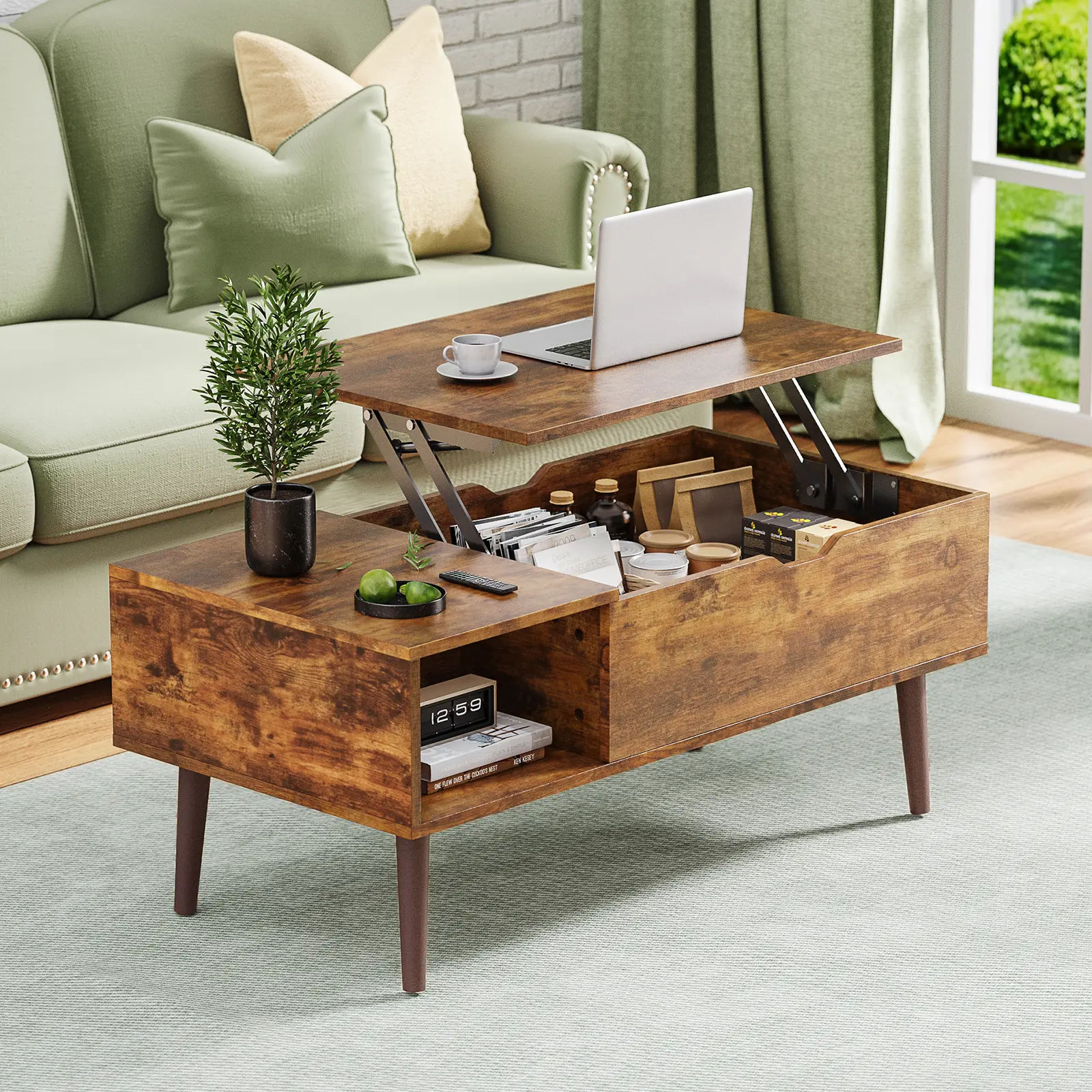 Lift Top Coffee Table - Modern Adjustable Table, Wood Living Room Center Piece with Storage Shelf and Hidden Compartment for Dining Use, Modern Adjust Table