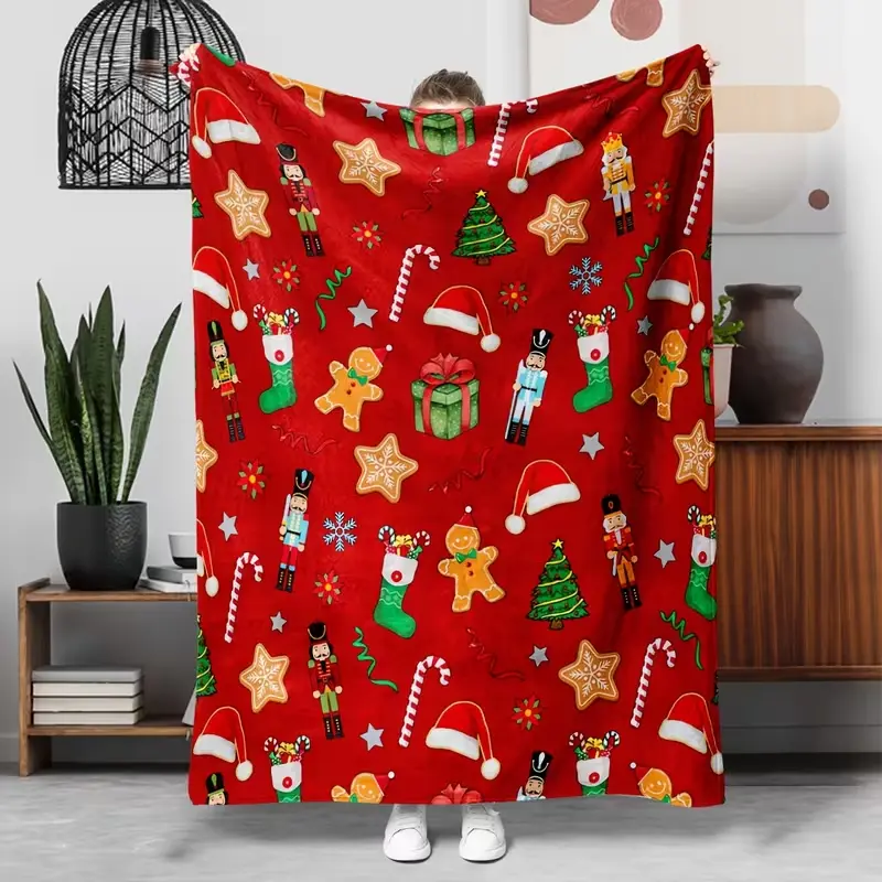 Red Christmas Flannel Throw Blanket - Nutcracker, Gingerbread Man, Santa Hat Patterned Soft Cozy Blanket for Sofa, Bedroom Home Decor