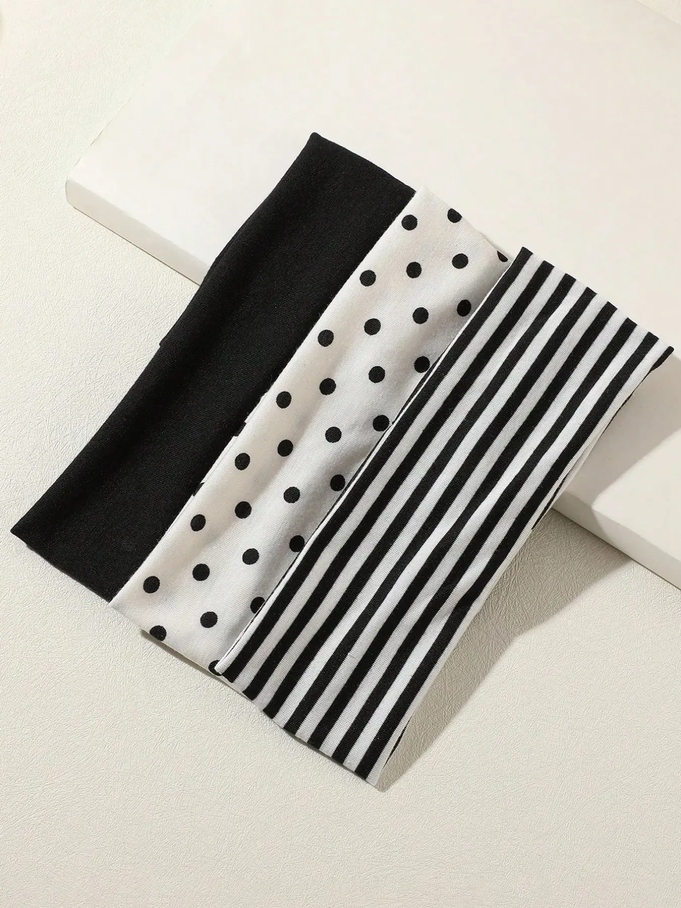 3pcs Black & White Polka Dot + Striped Elastic Sweatband, Soft Headband, Sports headbands, Suitable For Daily Life, Yoga, Workout, Travel, Women Hair Accessories, Head Wrap, Headband Set