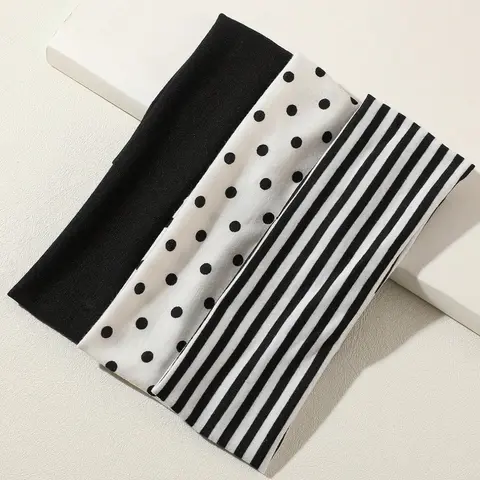 3pcs Black & White Polka Dot + Striped Elastic Sweatband, Soft Headband, Sport Headbands, Suitable For Daily Life, Yoga, Workout, Travel, Women Hair Accessories, Head Wrap, Headband Set