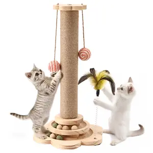 Interactive Cat Scratcher Post: Sisal Covered, 2 - Tier Wooden Track & Hanging Balls