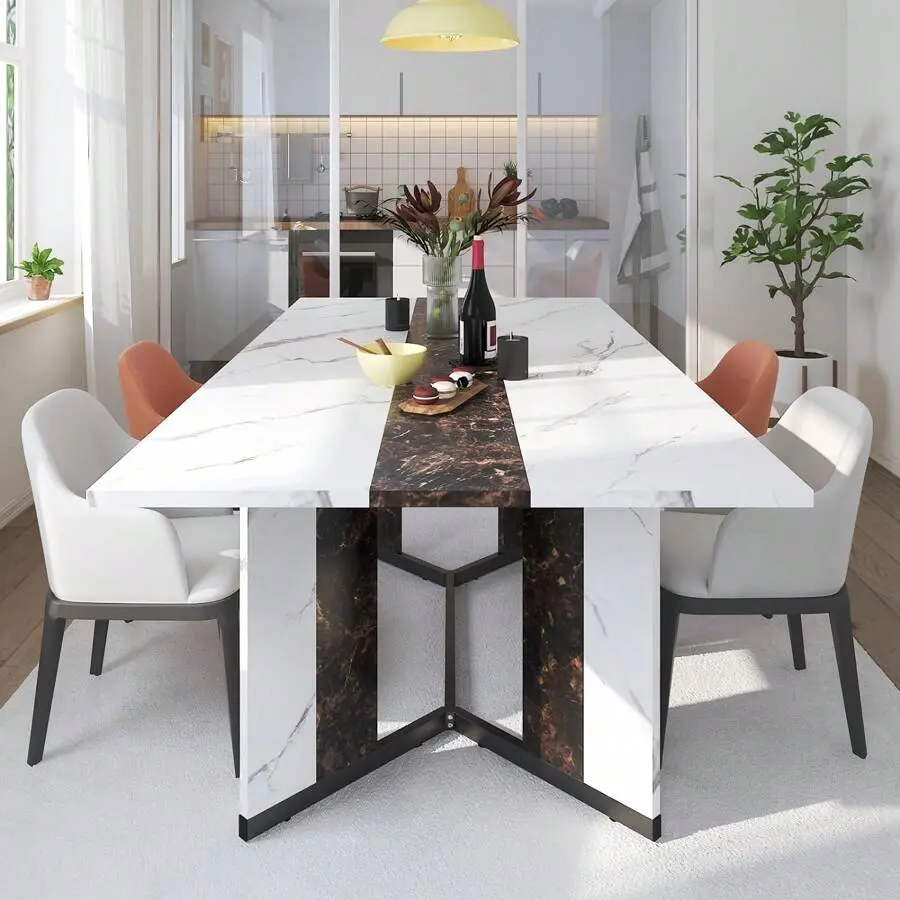 71" Large Luxurious Rectangular White Dining Table For 6 8 10 People W/Marble-Color Wood Tabletop,Metal Adjustable Leg.Modern 6ft Family Dinner Table For Rustic Office Kitchen Living Room