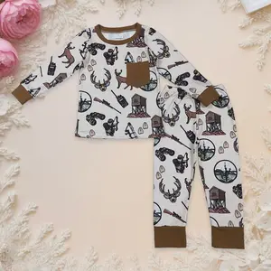 Kids Clothing Baby Boy Deer Hunting Pocket Top and Pant Children Pajamas Set Print Sleepwear Bamboo Sleep Sack