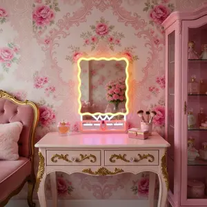 Cute Sponge Style LED Neon Vanity Mirror for Girls, Lighted Makeup Mirror with Decorative Glow, Aesthetic Desk or Wall Mirror for Bedroom, Dorm, Beauty Room, Pink Room Decor Gift