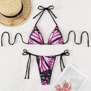 Butterfly Bikini Set - Monarch Butterfly Wing Print, Adjustable Triangle Top with Black String Bottoms, Soft Stretchy Quick-Drying Design - Summer Outfits