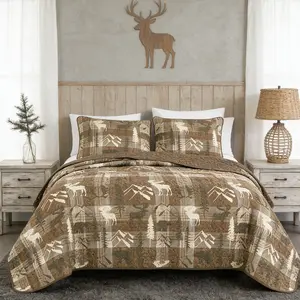 Cabin Quilt Bedding Set,  Lightweight Reversible Rustic Bear Bedspread Coverlet, 3-Piece Lodge Bed Cover Quilt with 2 Pillow Shams for All Season, Brown/Green