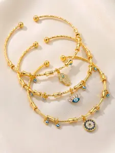 1 PC 14K Gold Plated Casual Trendy Rhinestones Decorated Beaded Bracelet with Eye & Hand Design, Elegant Bracelet with Eye & Hand Feature, Fashion Accessories for Women & Men