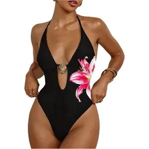 Women's High Cut Leg Body Shaping One Piece Bathing Suit, Halter Deep V Cutout With Lion Decor Side Lily Floral Swimsuits, Elastic Comfort Wireless Swimwear, Ladies Swimwear for Water Sports Seaside Trip