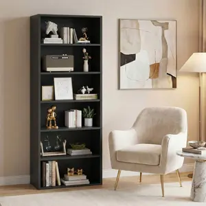 6-Tier Modern Bookshelf, Wood Slim Space-Saving Bookcase For Living Room, Bedroom,Black