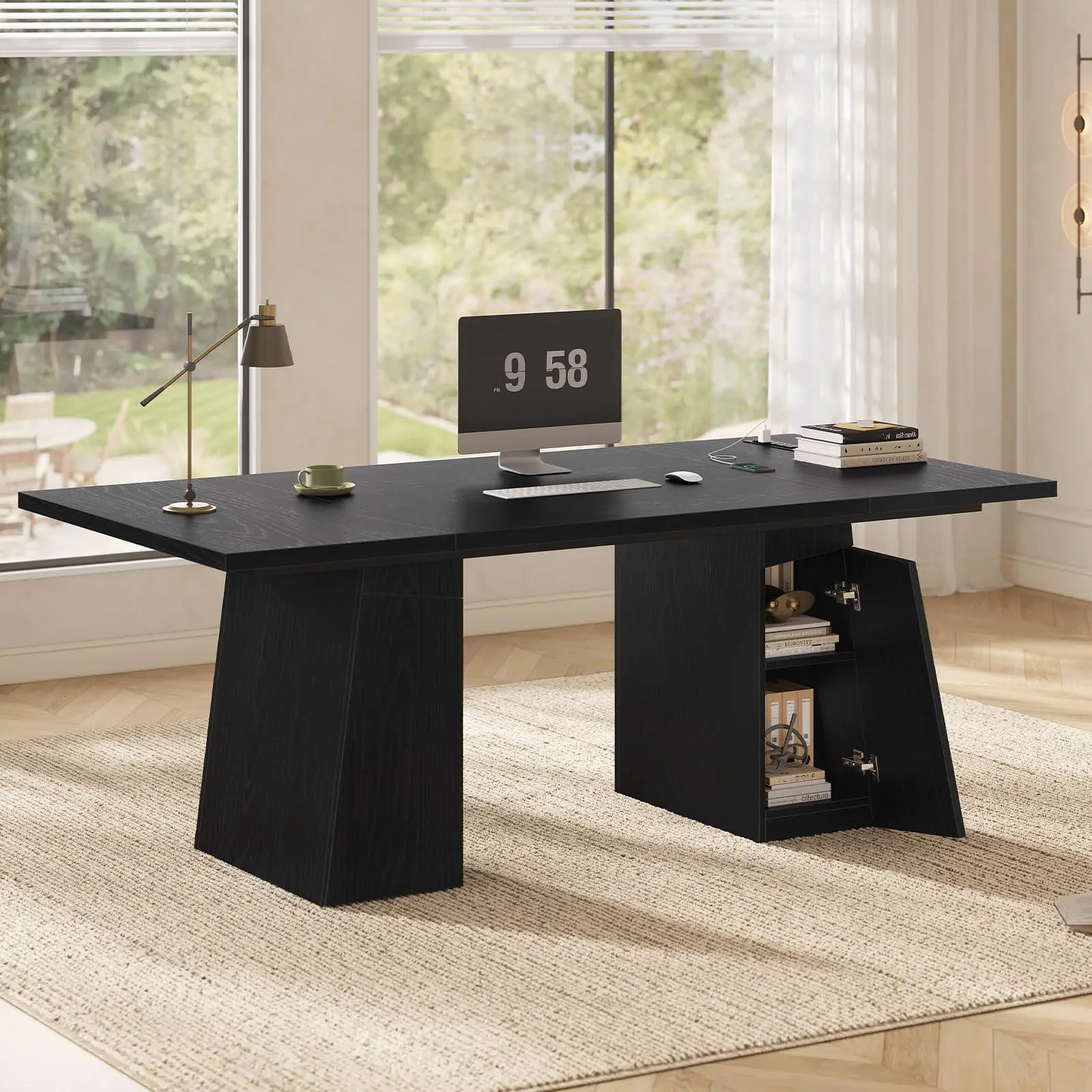 63" Executive Desk with Power Outlets, Large Office Computer Desk with Double Pedestal, Modern Simple Workstations Writing Table Conference Table Business Furniture for Home Office, Black