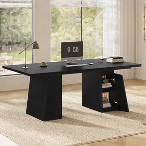 63" Executive Desk with Power Outlets, Large Office Computer Desk with Double Pedestal, Modern Simple Workstations Writing Table Conference Table Business Furniture for Home Office, Black