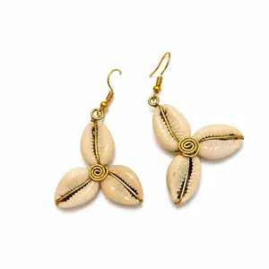 Boho Dangle Drop Earrings with Cowrie Shell and African Bead, Gold Wire Wrapped