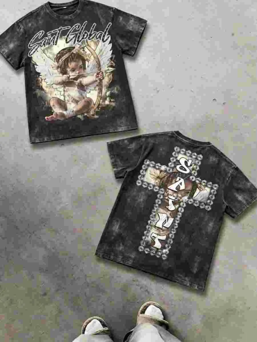Men's Soft Cotton Fabric T-Shirt - Unisex Vintage Acid Washed, Cupid Angel Cross Graphic, Baggy Oversized Short Sleeve Casual Streetwear Top