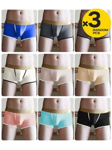 2/3/4Pcs Random Color Men's Solid Boxers, Cool Smooth Ice Silk Fabric, 3D Space Pouch, Elastic Breathable, Suitable for Fitness Daily Home Wear