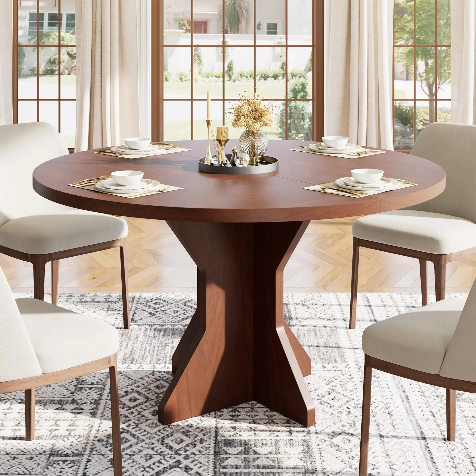 YJ-Garvee Minimalist Round Indoor Dining Table (Single Pc), 47-Inch Diameter, Sturdy Pedestal Base, Space-Saving, Seats 4-6, Walnut Finish, Ideal for Dining Room, Kitchen