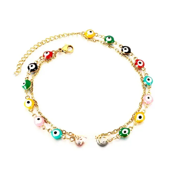Midnight Eye Charm Stainless Steel Anklet with Colorful Evil Eye Beads & Gold Spacers Hypoallergenic Tarnish Free Waterproof 21+5cm Length
