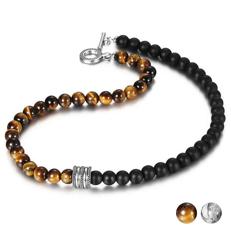 Hermah Handmade Natural Stone Bead Necklace Choker 18/20/24inch Stainless Steel Charm Toggle Jewelry Valentine Birthday Christmas Gift