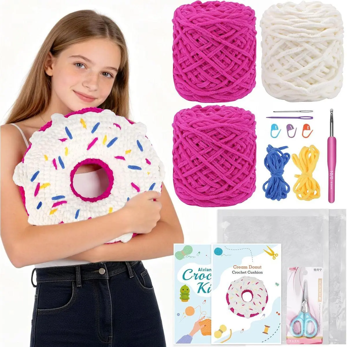Cream Donut Crochet Cushion Kit for Beginners – Complete DIY Round Pillow Set with Chenille Chunky Yarn, Ergonomic Hook, Stuffing, Stitch Markers & Video Tutorial – Sweet Home Sofa Decor
