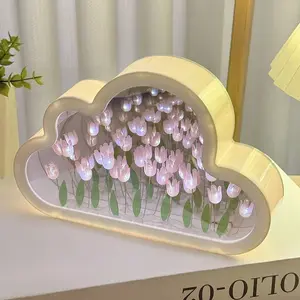 Tulip Night Light with Mirror, DIY Assembly Artificial Flower Lamp, Bedroom Decor Gift for Women, Girlfriend, Sister, Cloud Design, Creative Gift