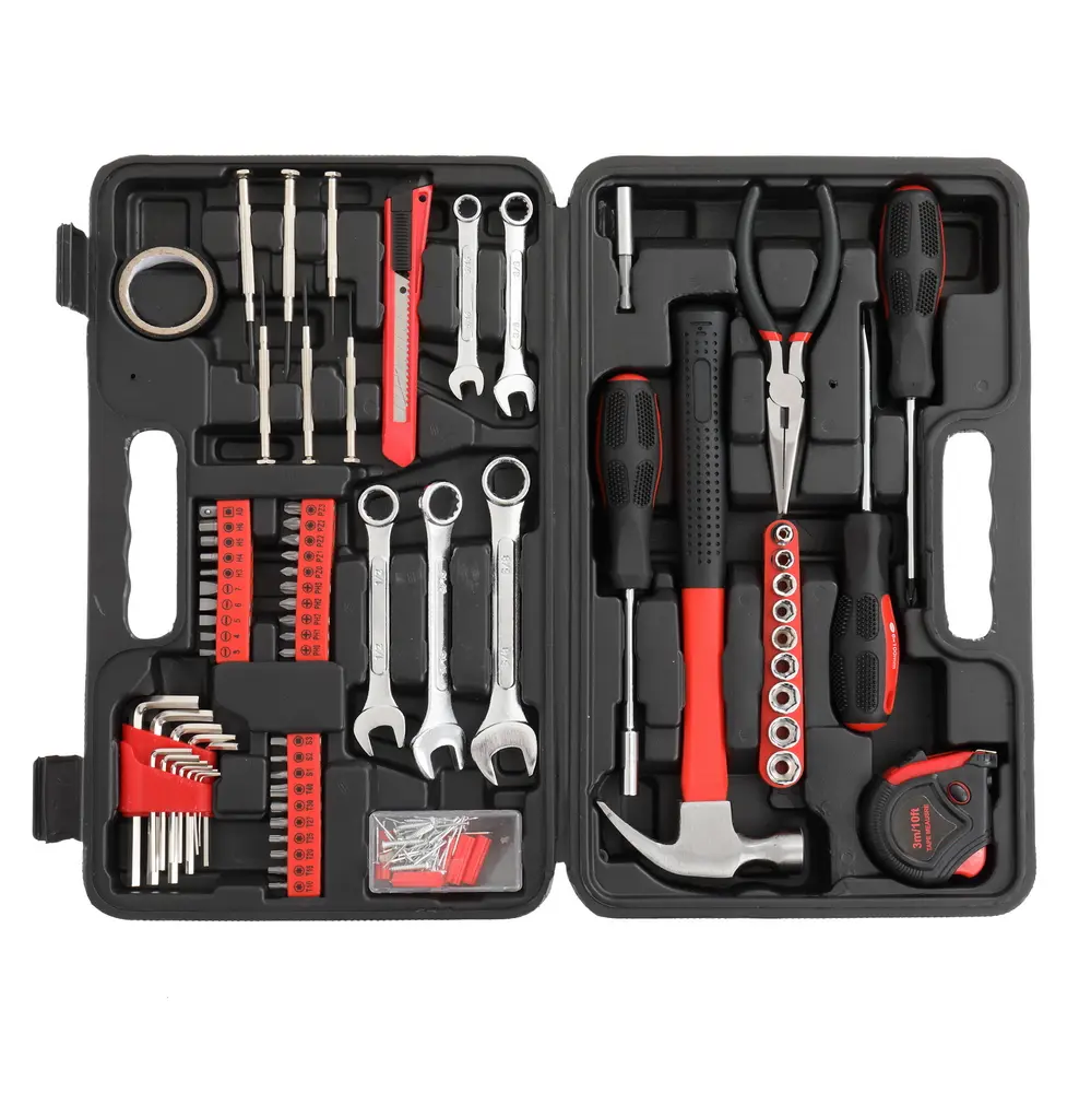 148Pcs Complete Iron Household Hand Tool Set In Red & Black Matching, Multi-Purpose Home Repair Hardware Kit With Hammer, Pliers, Wrenches, Screwdrivers & Bits, Portable Hard Storage Case Diy Maintenance Tool Kit For Home, Garage & Apartment Use