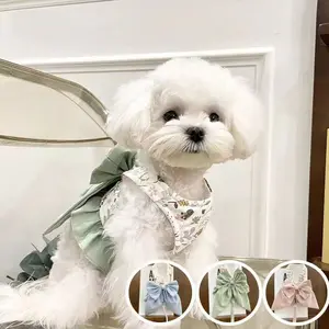 Cute Floral Dog Harness Dress with Big Bow| Soft Princess Vest for Small Dogs| Adjustable Pet Harness Leash Set