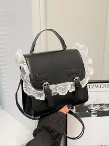 Sweet Lace Messenger Backpack for Women, New Fashion College Style Shoulder Bag, Versatile Handbag Travel Bag, Casual Patchwork Design
