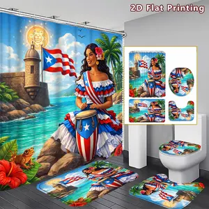 4PCS Puerto Rico Theme Shower Curtain set, Shower Essentials, Puerto Rican Lady with Flag and Tropical Scenery Bathroom Decor, Accessories with Bath Mat, U-shaped Mat, Toilet Lid Cover, 12 Hooks 180x180cm Curtain, Tropical Island Enthusiast, Home Decor