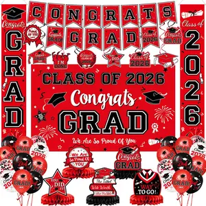 2026 Graduation Decorations, Red and Black Graduation Decorations Set with Congrats Grad Banner & Backdrop, Porch Sign, Hanging Swirls, Balloons, Honeycomb Centerpieces for All Congrats Grad Party Decorations