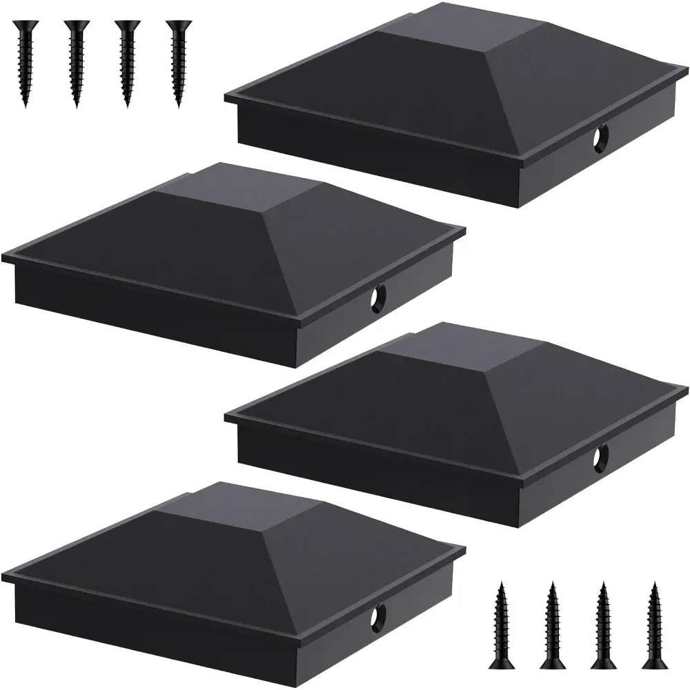 4x4 Post Caps Black(Actual 3.5" x 3.5"), 4 Pack Fence Post Caps with 8 Screws and Easy Installation, Sturdy Waterproof Plastic Deck Post Caps with Frosted Finishing Touch, Protect Wood Post