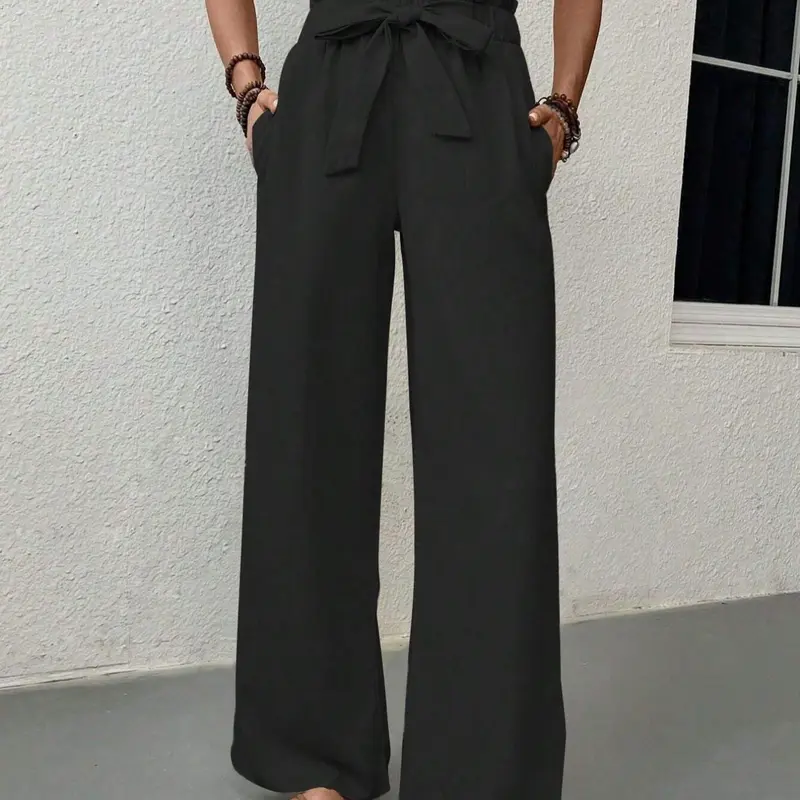 Women's Plain Pocket Adjustable Tie Front Straight Leg Pants, Chic Elegant High Waist Paper Bag Waist Trousers Casual Business Pants for Work Office Business, Ladies Bottoms Womenswear for All Seasons Fit
