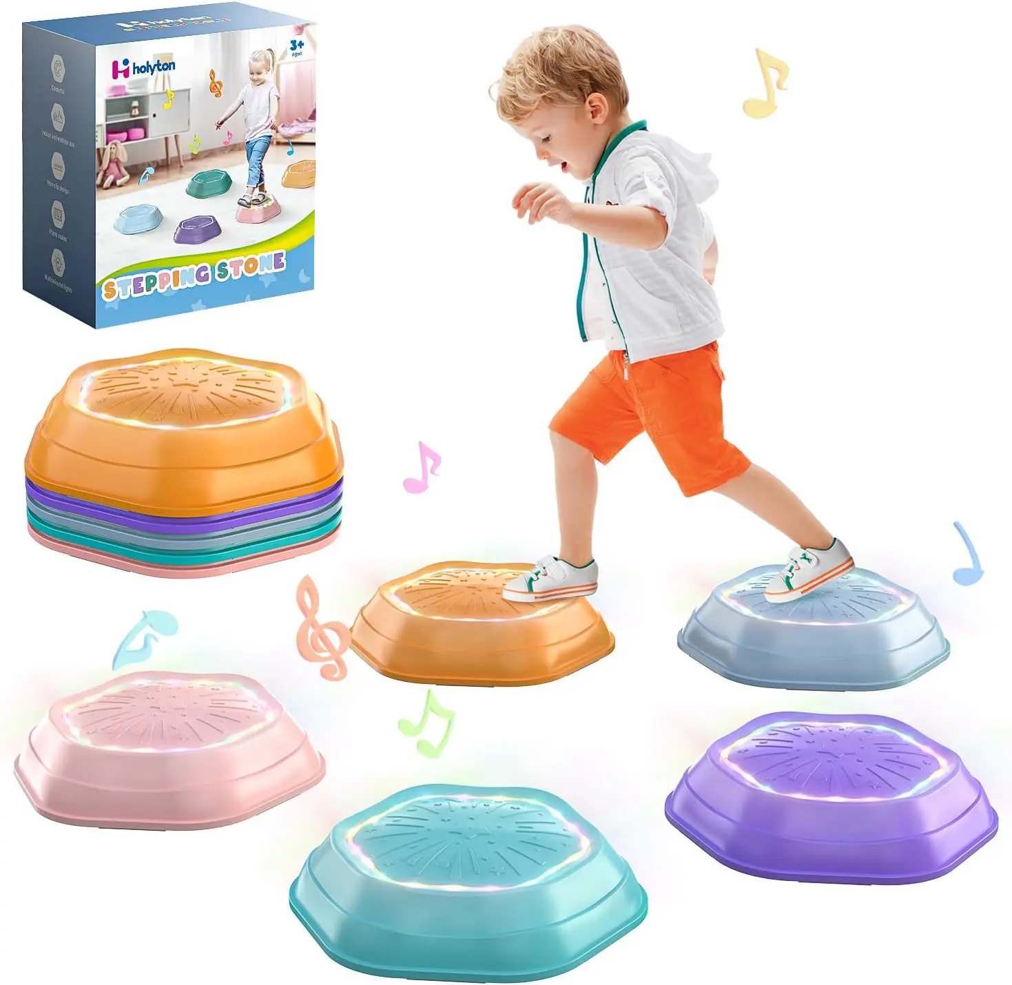 Light-Up Musical Stepping Stones for Kids, 5 Pack | Rechargeable Batteries, Non-Slip, Indoor Outdoor Active Play, Sensory Balance Toy for Toddlers, Ages 3-8