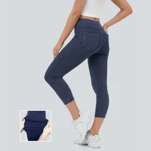 Halara Women's High-Waisted Stretchy Polyester Knit Denim Capri Leggings with Back Side Pocket, Comfortable Fabric Womenswear Garment