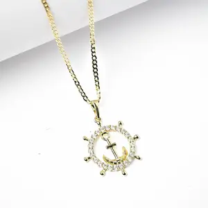 14K Laminated Gold Anchor Pendant Necklace 2MM Elegante with Sparkling Stones 16 18 22 Inches Chain Included Ideal Gift