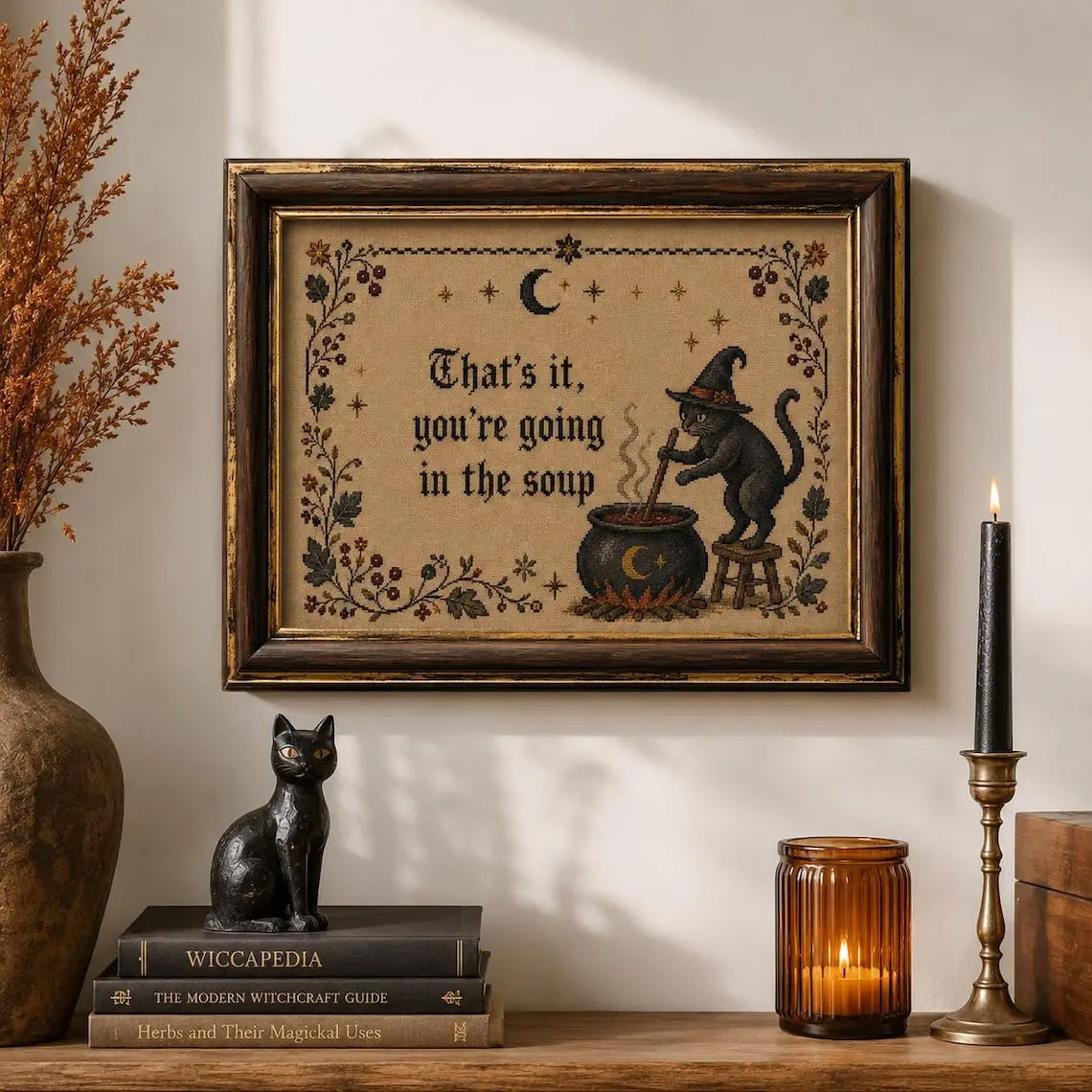 [Sale off up to 55%][Free Ship][PRINT art, not canvas] That's It You're Going in the Soup Wall Art, Funny Black Cat Witch Poster, Faux Embroidery Kitchen Decor, Gothic Cottagecore Print