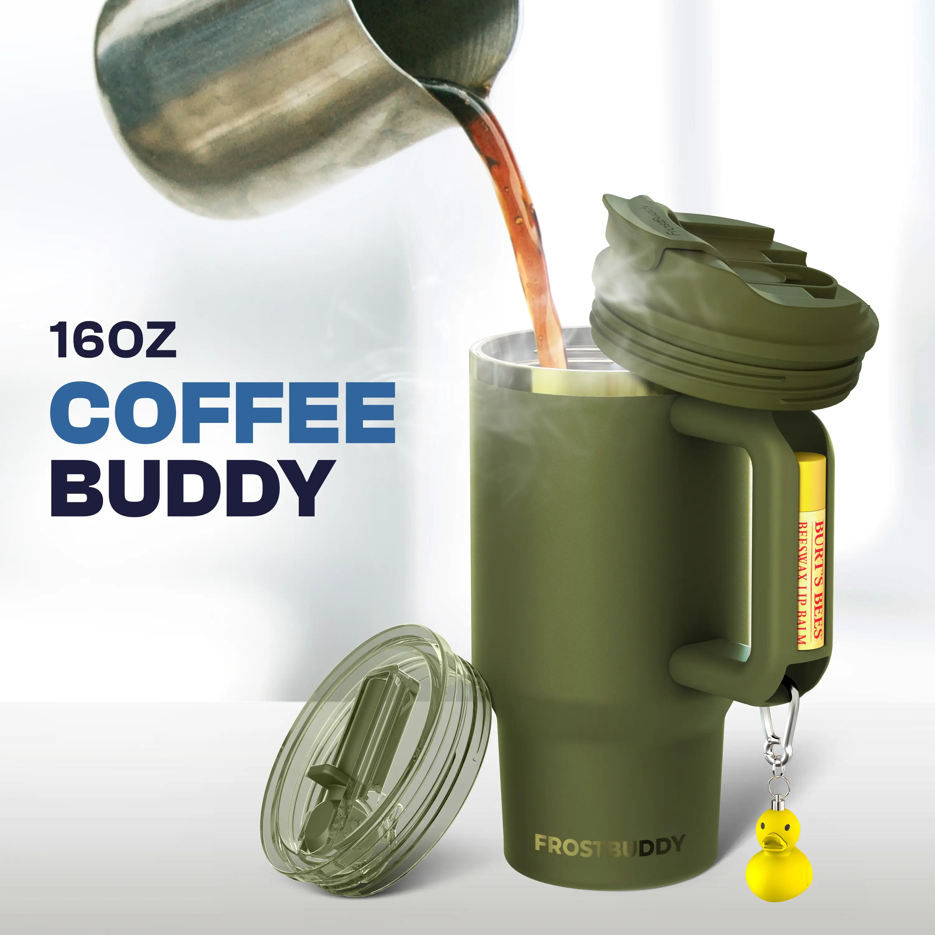 Coffee Buddy - 16oz Stainless Steel - Vacuum Sealed Tumbler with Handle & 2-in-1 Spill Proof Lid Portable Drinkware for Hot & Cold Beverages - Flasks