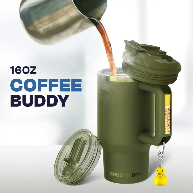 Coffee Buddy - 16oz Stainless Steel - Vacuum Sealed Tumbler with Handle & 2-in-1 Spill Proof Lid Portable Drinkware for Hot & Cold Beverages - Flasks - Thermal Cup
