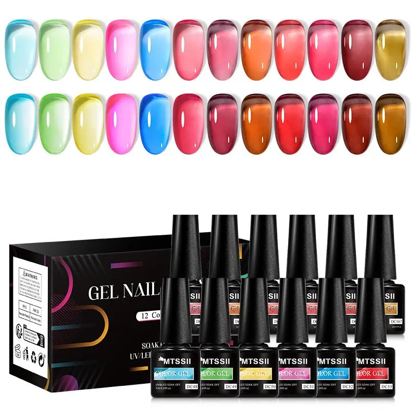 MTSSII Jelly Amber Gel Based Gel Nail Polish Set, 12pcs Gel Manicure Colorful Crystal Translucent Nail Art Gel Semi Permanent UV Gel Polish Varnish Kit