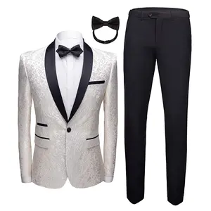 Men's Two-Piece Floral Jacquard Dress Suit Set: Single Button Printed Dinner Jacket and Matching Trousers White and Black